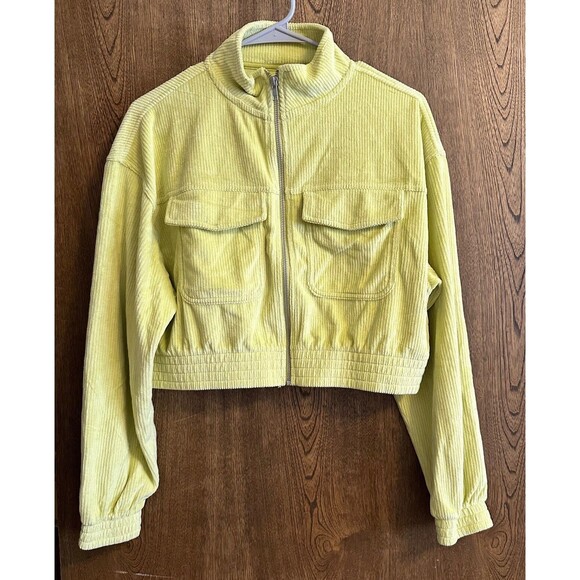 Aerie Jacket Womens Small Cropped Ribbed Corduroy Zip Up Jacket Pockets Yellow - Picture 1 of 4
